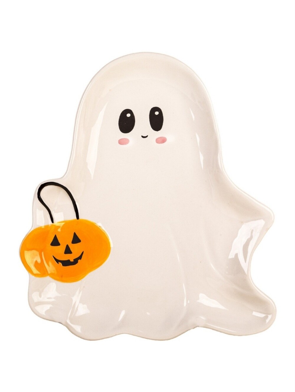 Halloween Platter Ghost Shaped Ceramic Dish White with Orange Jack- O- Lantern